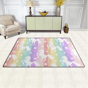 WellLee Area Rug,Cute Unicorns Silhouette On Rainbow Striped Pattern Floor Rug Non-Slip Doormat for Living Dining Dorm Room Bedroom Decor 31x20 Inch