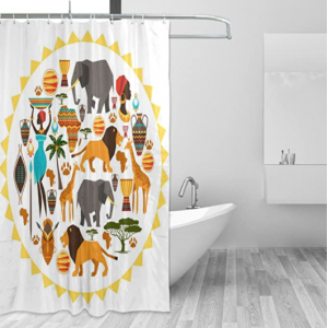 WellLee African Art Home Decor Shower Curtain Set by, Ancient Ethnic Egyptian Tribal Art African Women Elephant Lion Giraffe,Polyester Bathroom Shower Curtain Set with Hooks,60W X 72L Inches,Gold